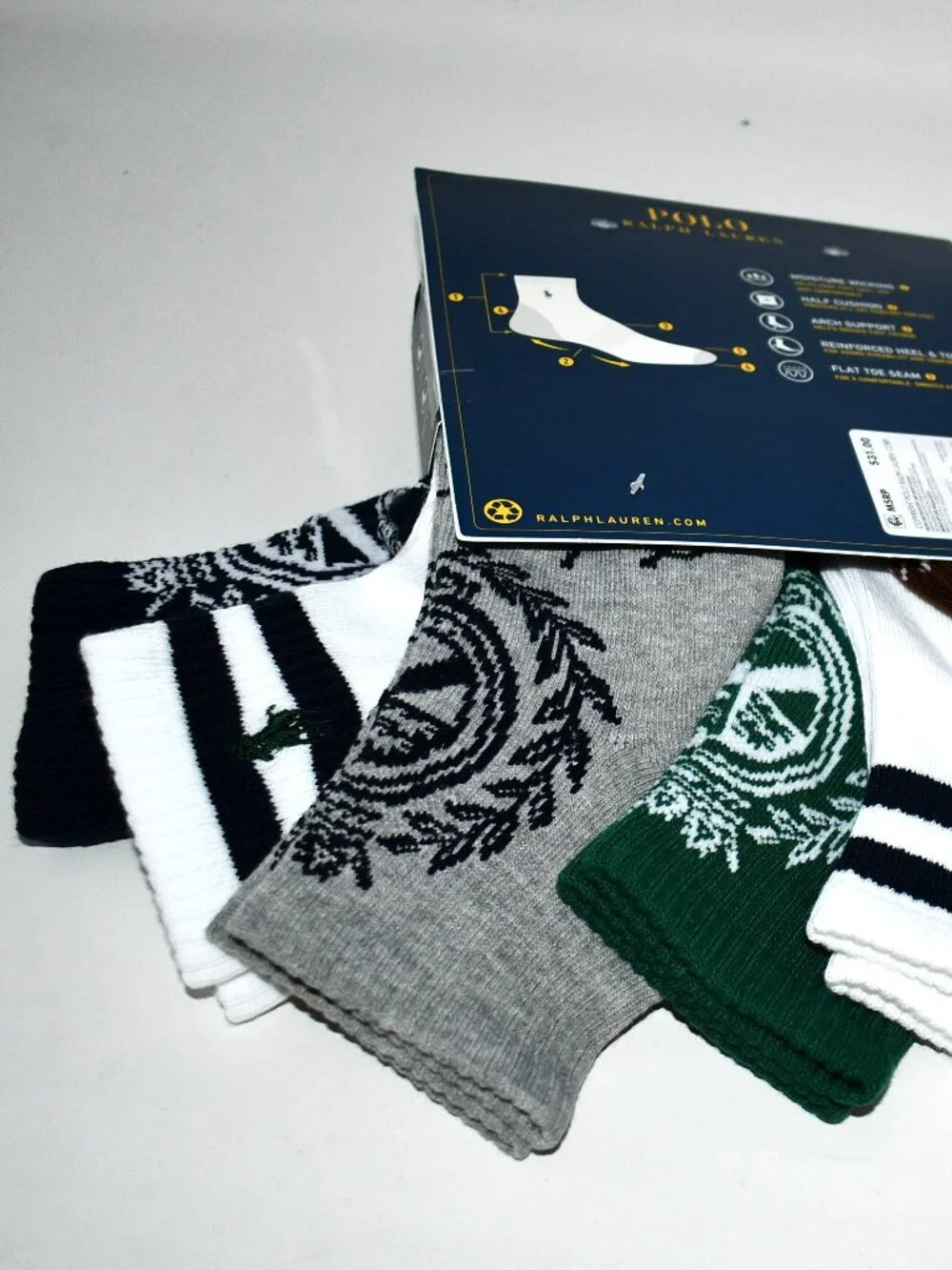 Polo Ralph Lauren 6-pack quarter length socks W RL crest #824680PK3 NWT Details:
